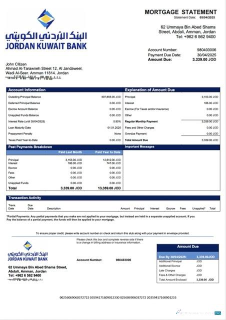 Download Jordan Kuwait Bank mortgage statement Word and PDF template Photoshop template